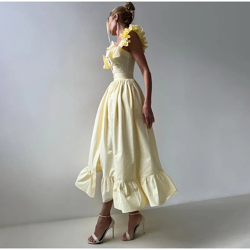 Ruffles Striped Square Collar Buttoned Long Dress