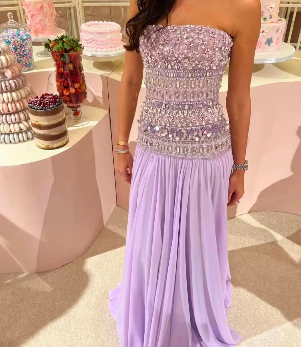 Purple Beaded Strapless Maxi Dress