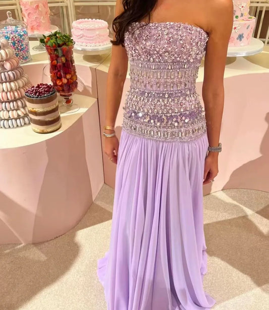 Purple Beaded Strapless Maxi Dress