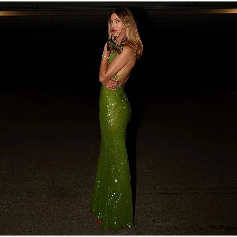 Green Sequin Backless Sling Maxi Dress