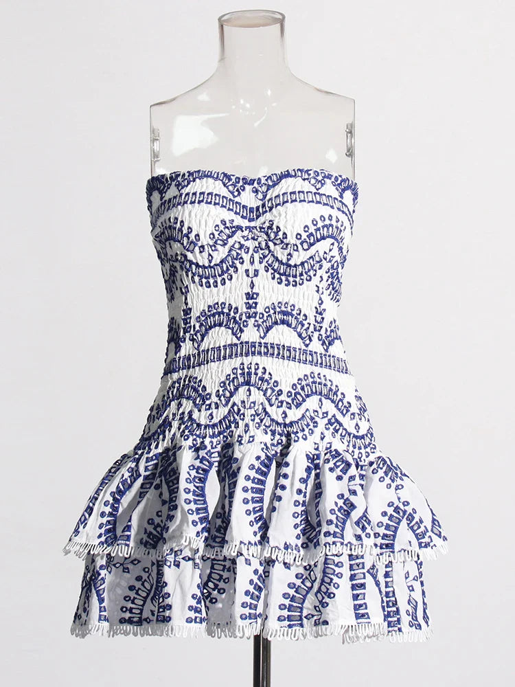 Ruched Strapless Embroidered Frill Mini Dress