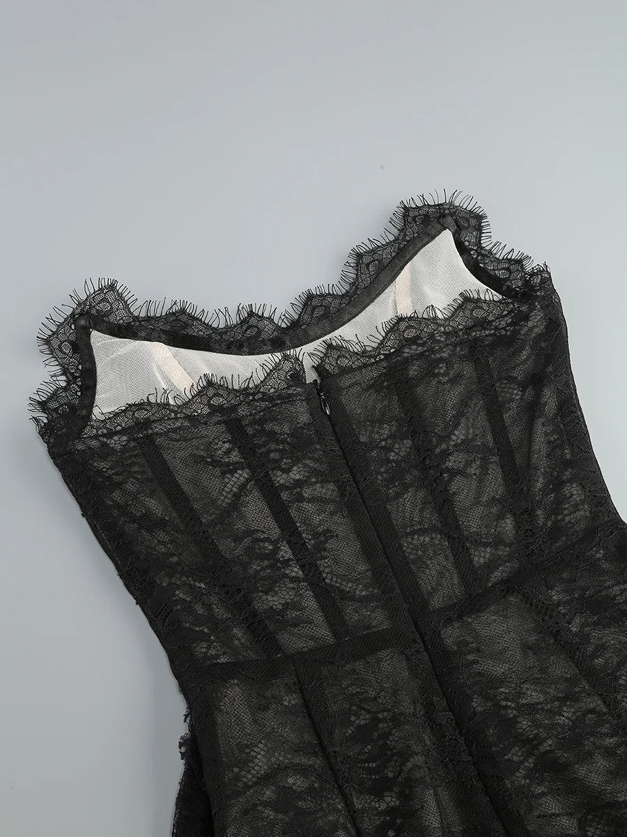 Lace Strapless Corset Gloves Mini Dress