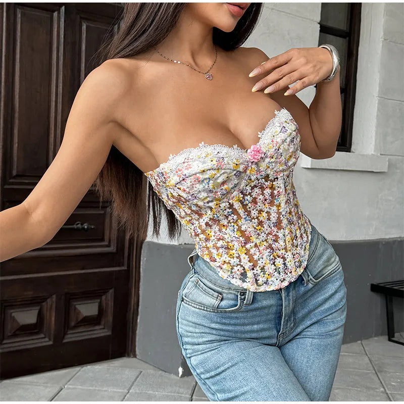 Flower Embroidery See Through Corset Top
