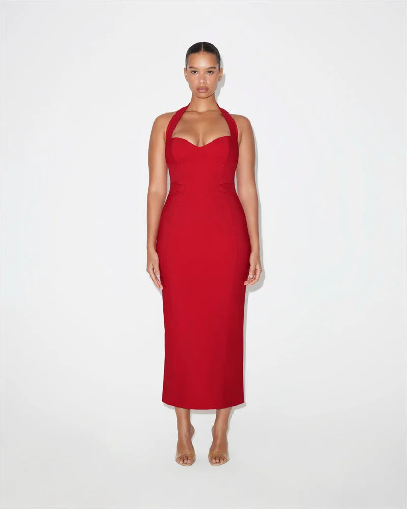 Solid Halter Bandage Maxi Dress