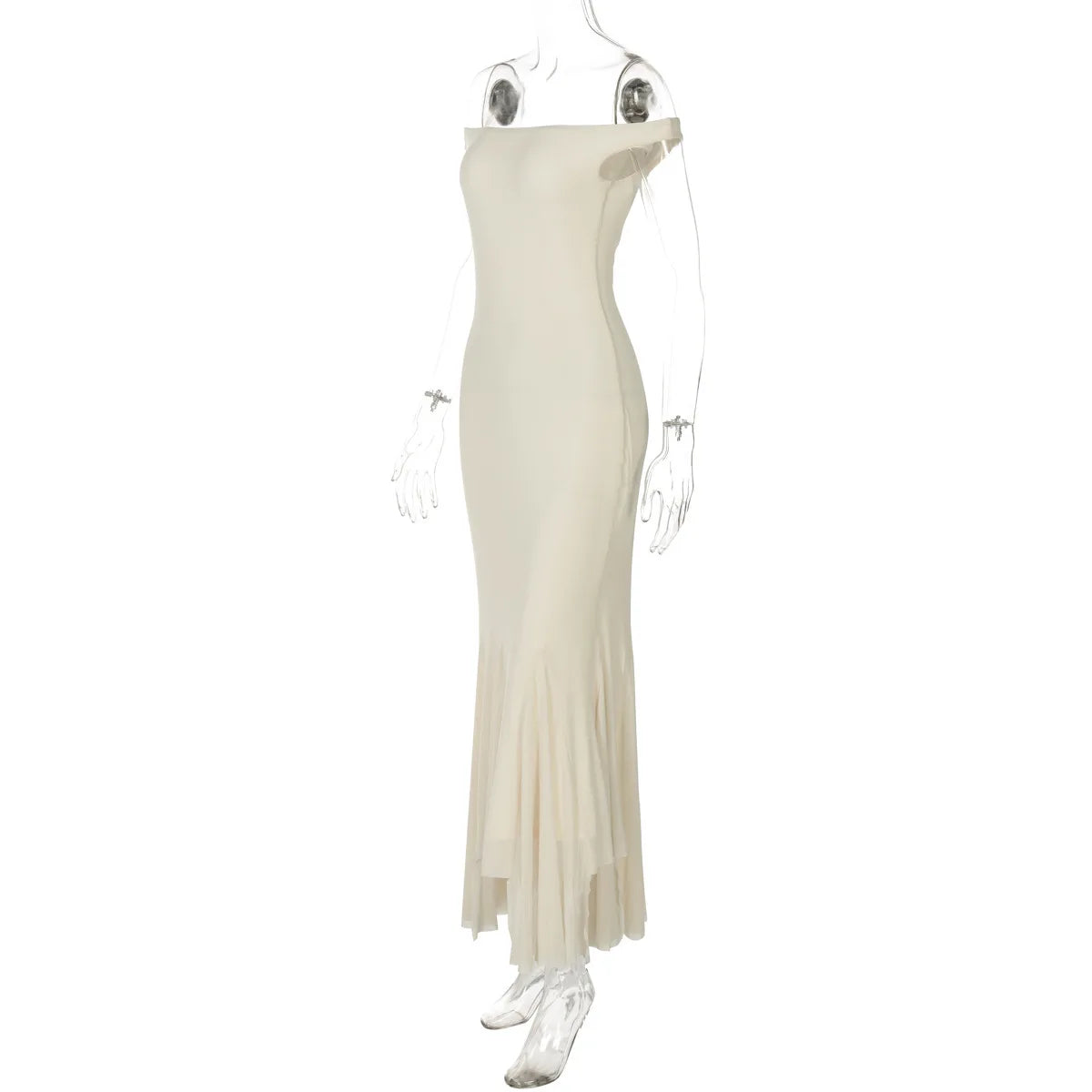 White Off-Shoulder Mesh Irregular Hem Midi Dress