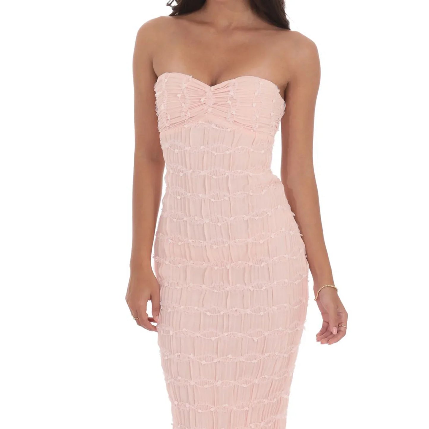 Pink Ruched Bust Backless Cutout Strapless Long Dress