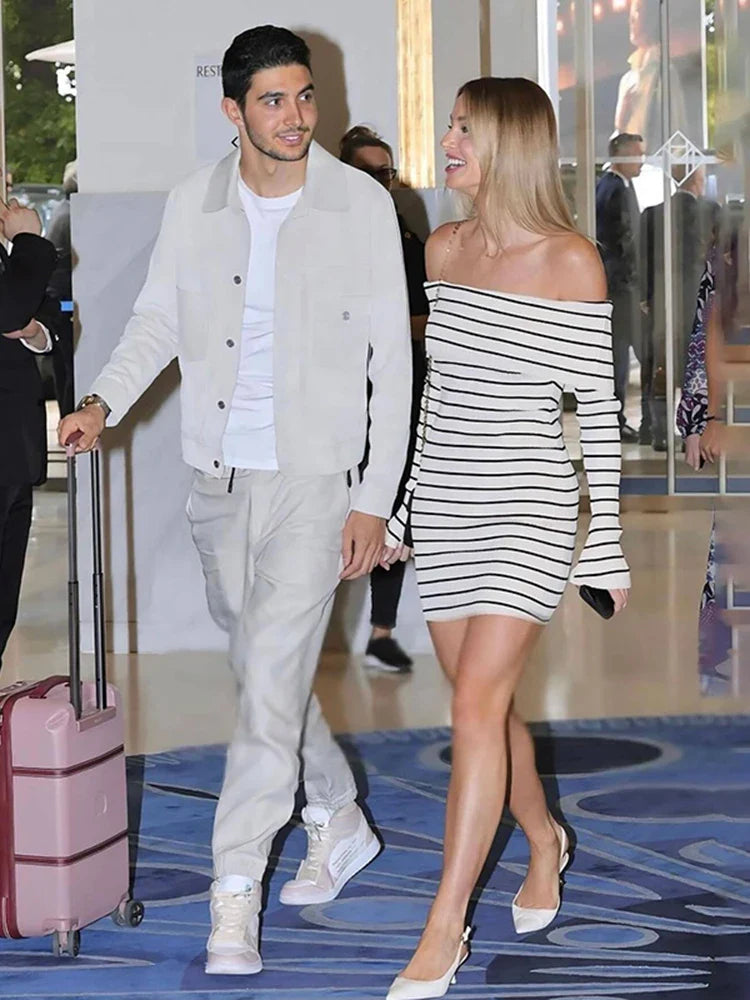 Striped Long Sleeve Knit Off-Shoulder Mini Dress