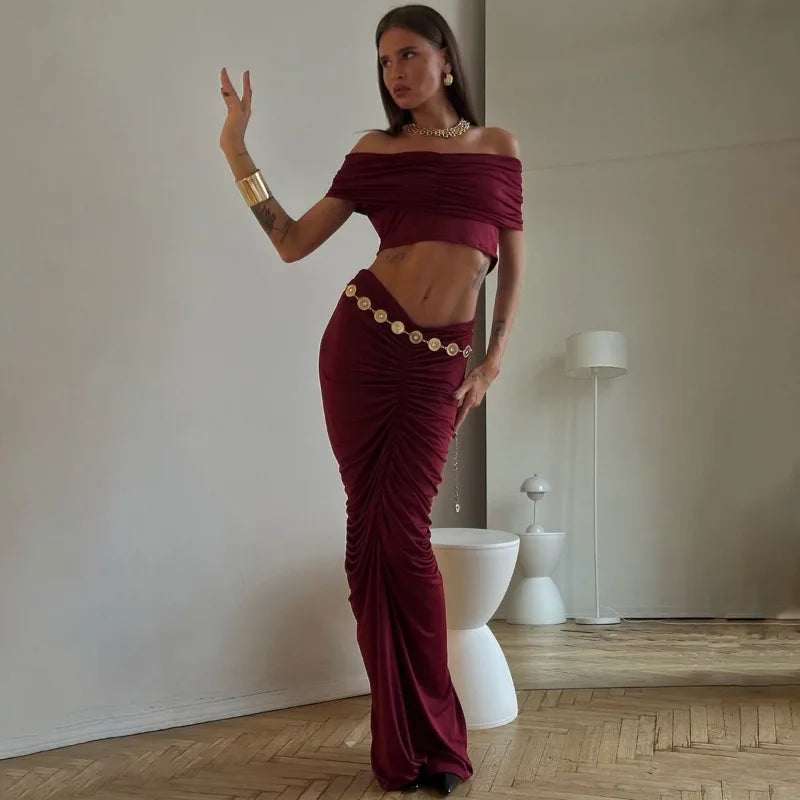 Off-shoulder Crop Top And Ruched Maxi Skirt Set