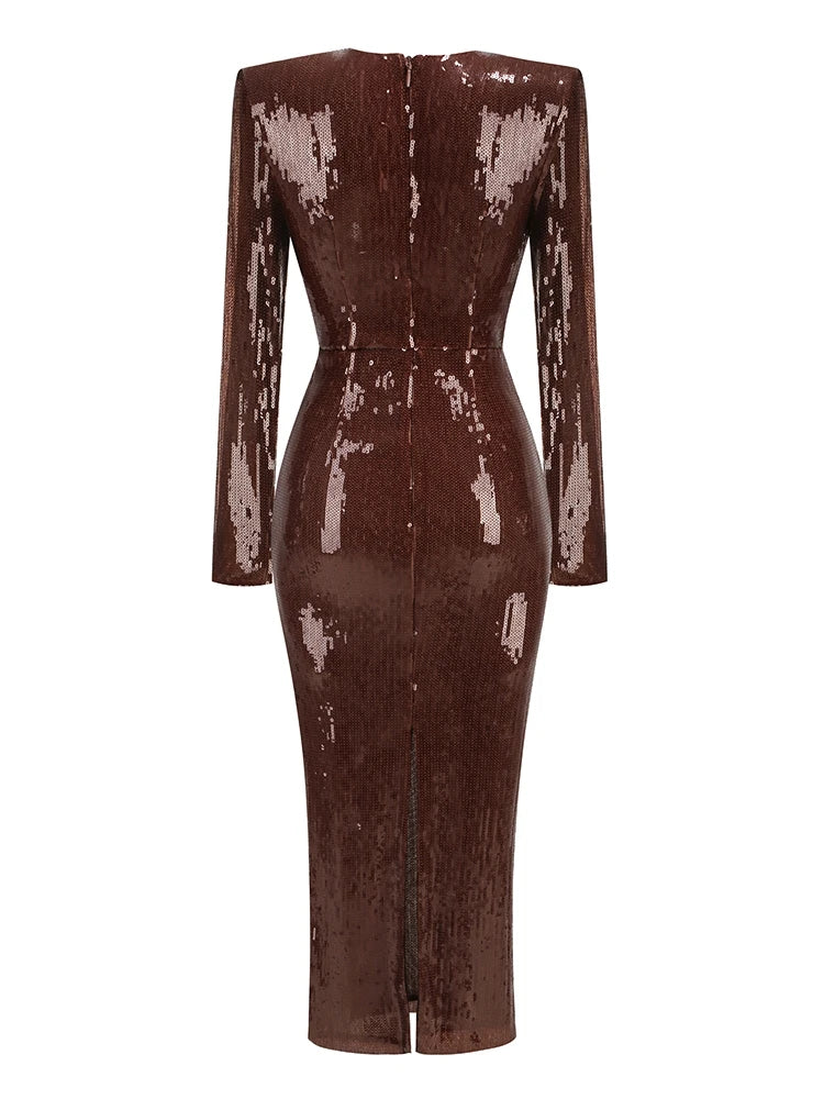 Brown Sequin Deep V Neck Long Sleeve Midi Dress