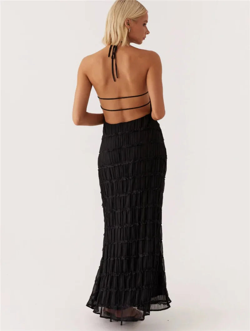 Halter Textured Open Back Maxi Dress