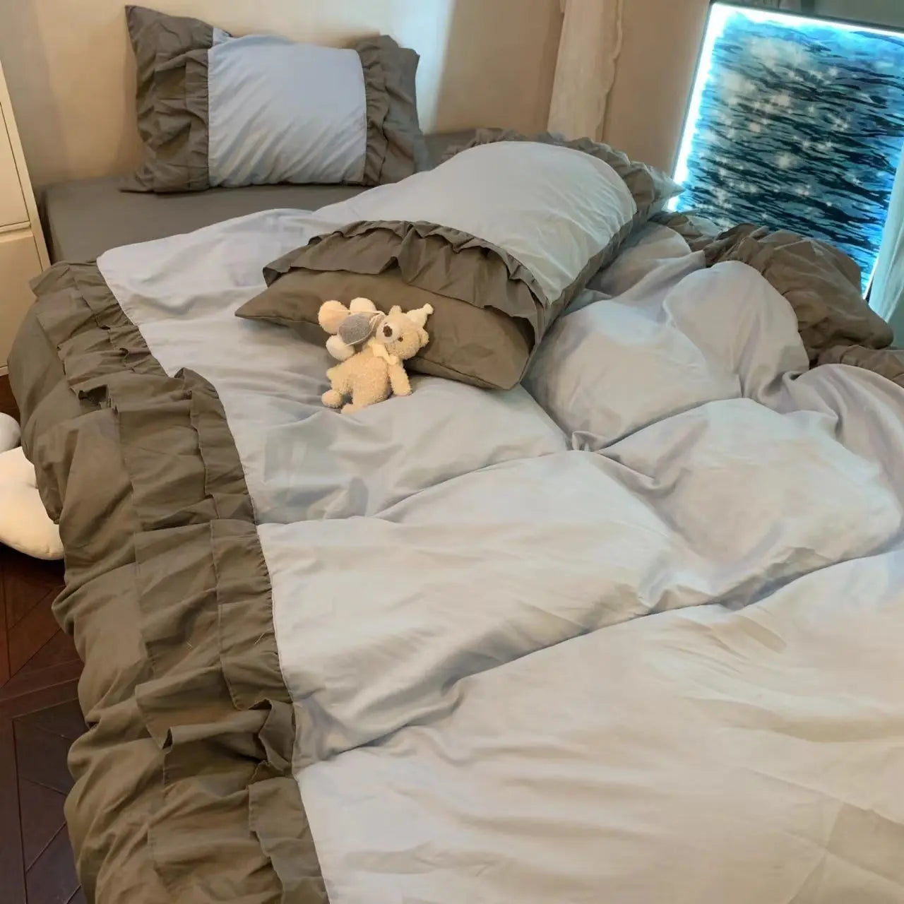 Princess Style Bedding Set No Filling Korean Romantic Ruffles Blue Purple Single Double Queen Size Duvet Cover Sheet Pillowcase