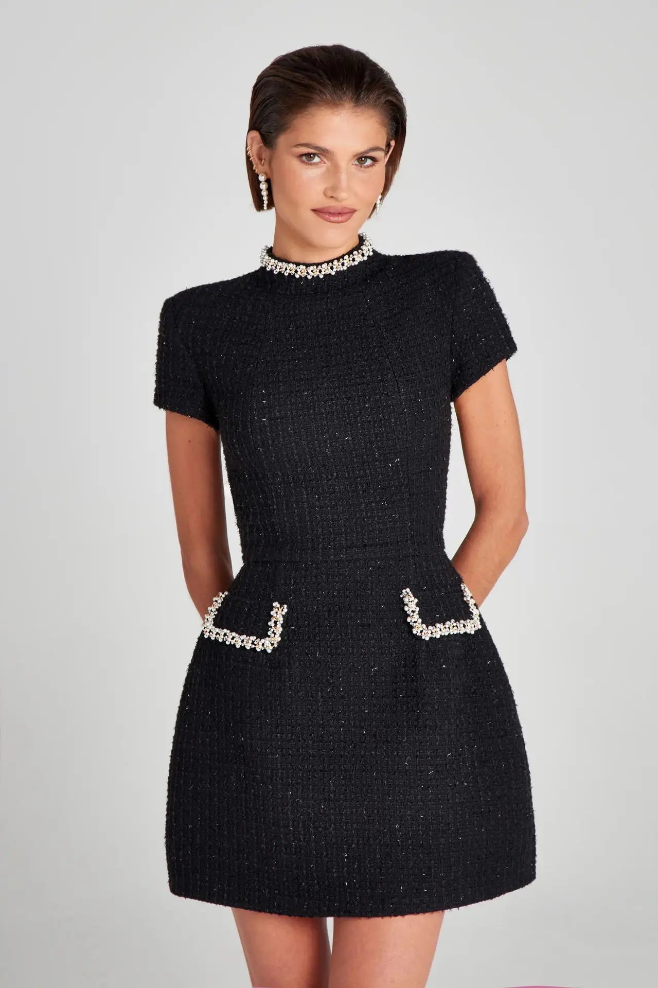Tweed Solid Beaded Seam Mini Dress
