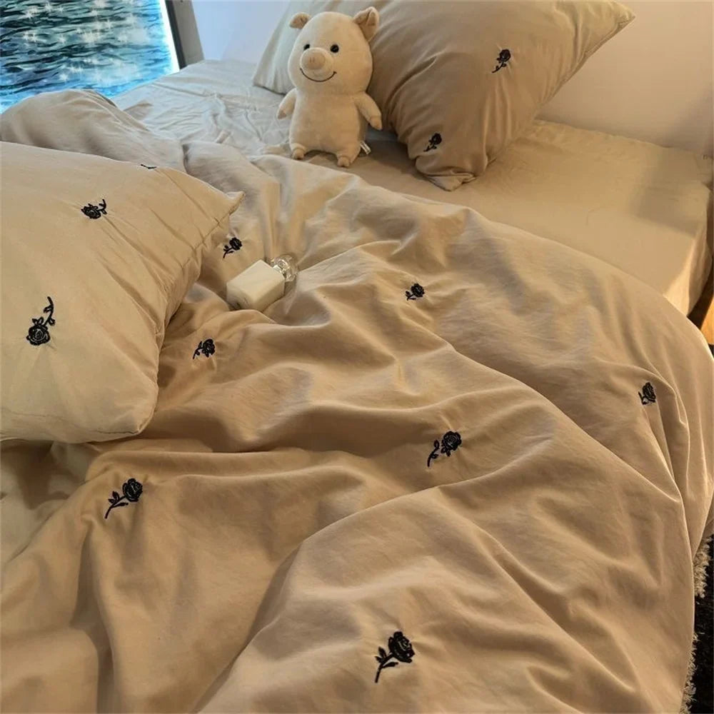 Ins Style Embroidered Flower Bedding Sheet Nordic Duvet Cover Set Home Luxury No Filling Bedding Set Comfortable Bedspread