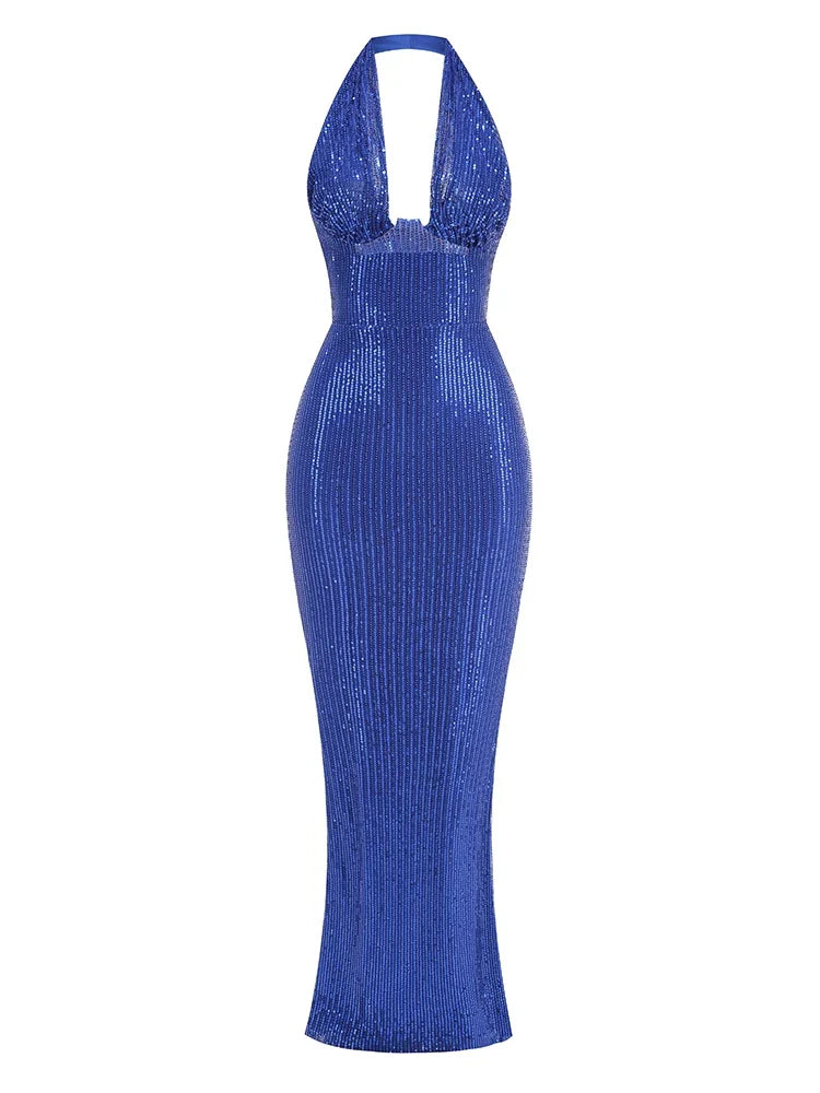Sequin Halter Deep Neck Maxi Dress