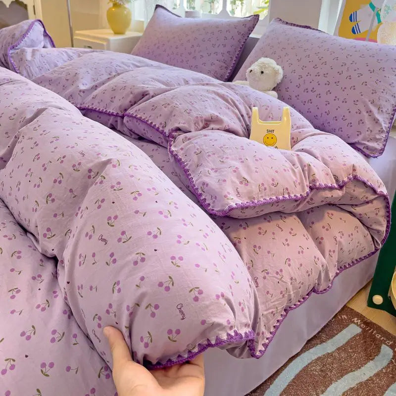 Ins Bedding Set Purple Love Stripe Double Layer Yarn Four Piece Dormitory Girl Heart Bed Sheet And Quilt Set Washed Cotton