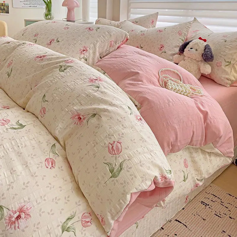 Pink Floral Duvet Cover Set Flowers Sheet Pillowcase Soft Cover No Filling Warm Bed Linen Twin Full Queen Size Home Bedding Set