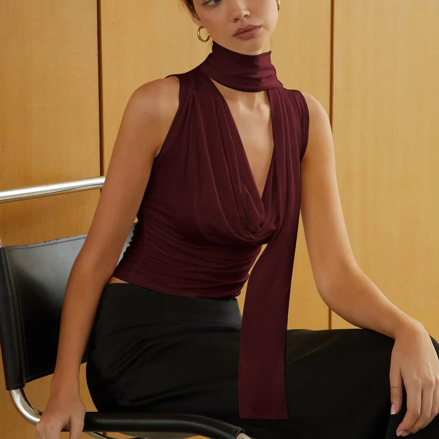 Cowl Mesh Bandage Scarf Top - Casual Regular Fit