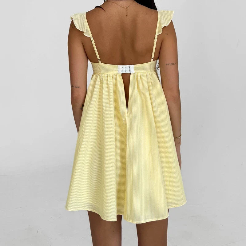 Floral/Solid Frill Strap Flowy Mini Dress