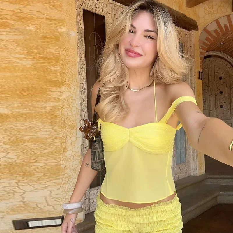 Sheer Top And Ruffles Shorts Set