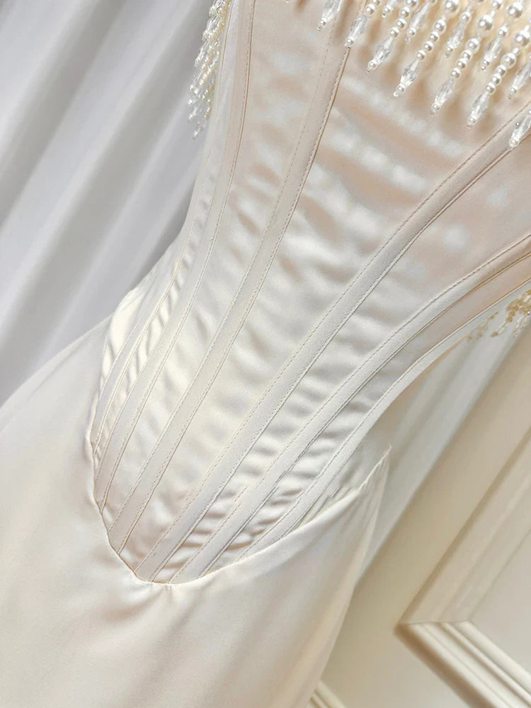 Satin Pearl Tassel Corset Tube Midi Dress