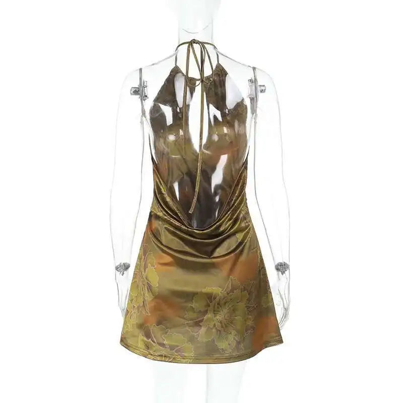 Green Printed Open Back Halter Mini Dress