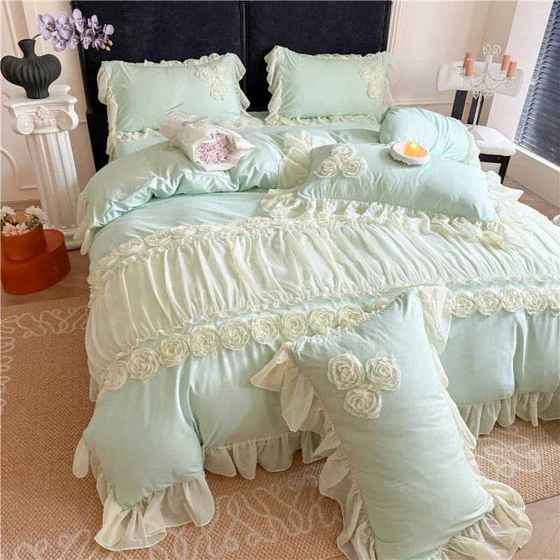 4Pcs Korean Princess Style Flowers Lace Ruffles Bedding Set Queen King Duvet Cover Bed Skirt/Bed Sheet/Fitted Sheet Pillowcase