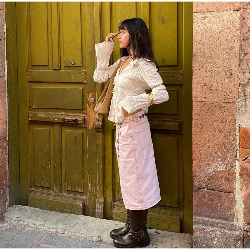 White Ruched Tie Up Long Sleeve Top