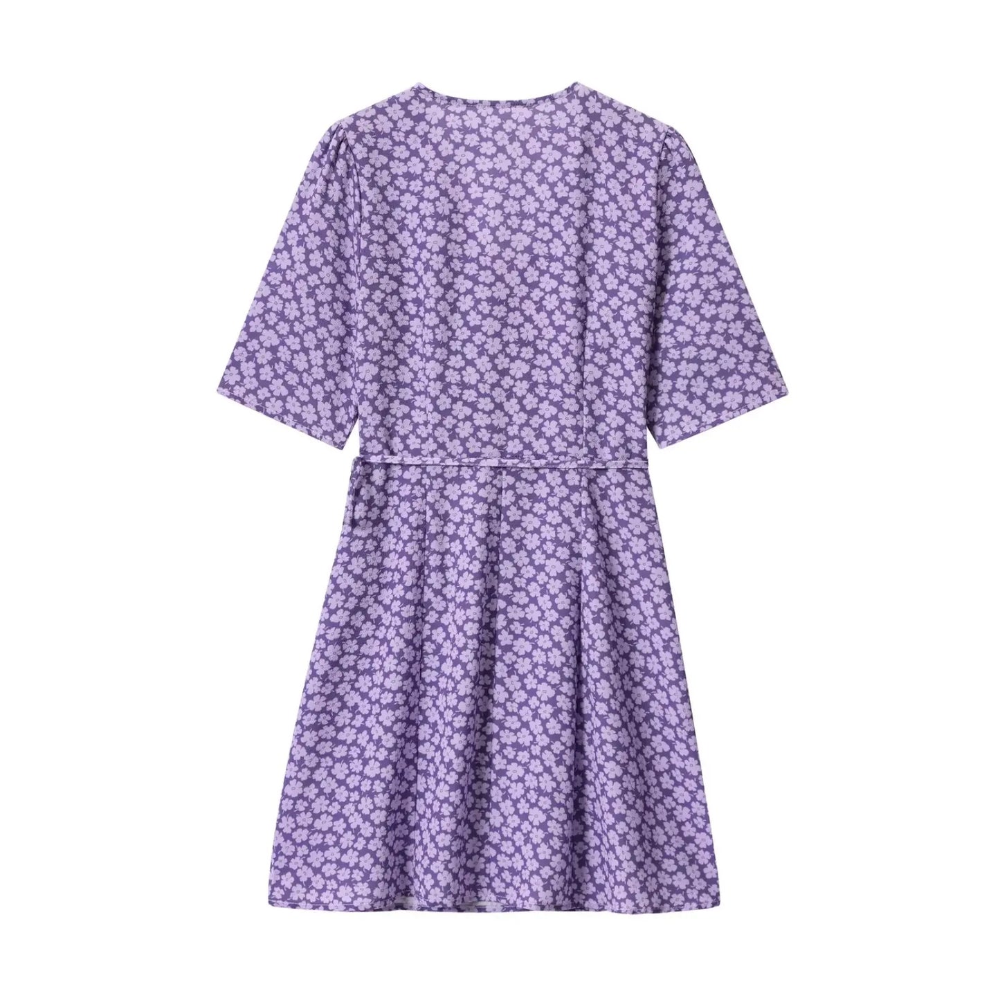 Purple Daisy Flower Print Short Sleeve Wrap Mini Dress