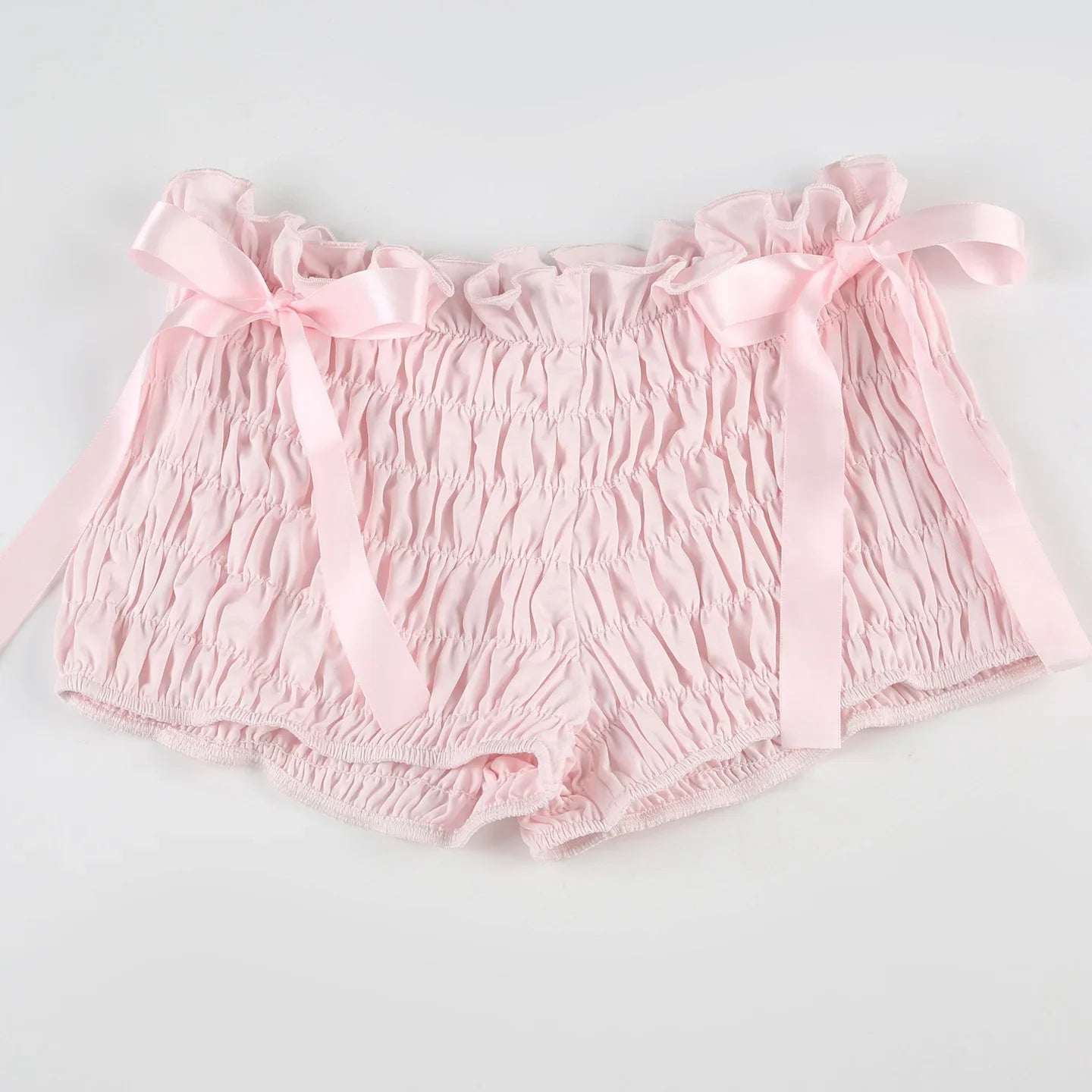 Pink Bowknot Ruched Strap Top And Shorts Set
