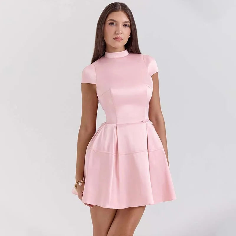 Pink Satin Mini Dress â€?Back Cutout & Flare Fit