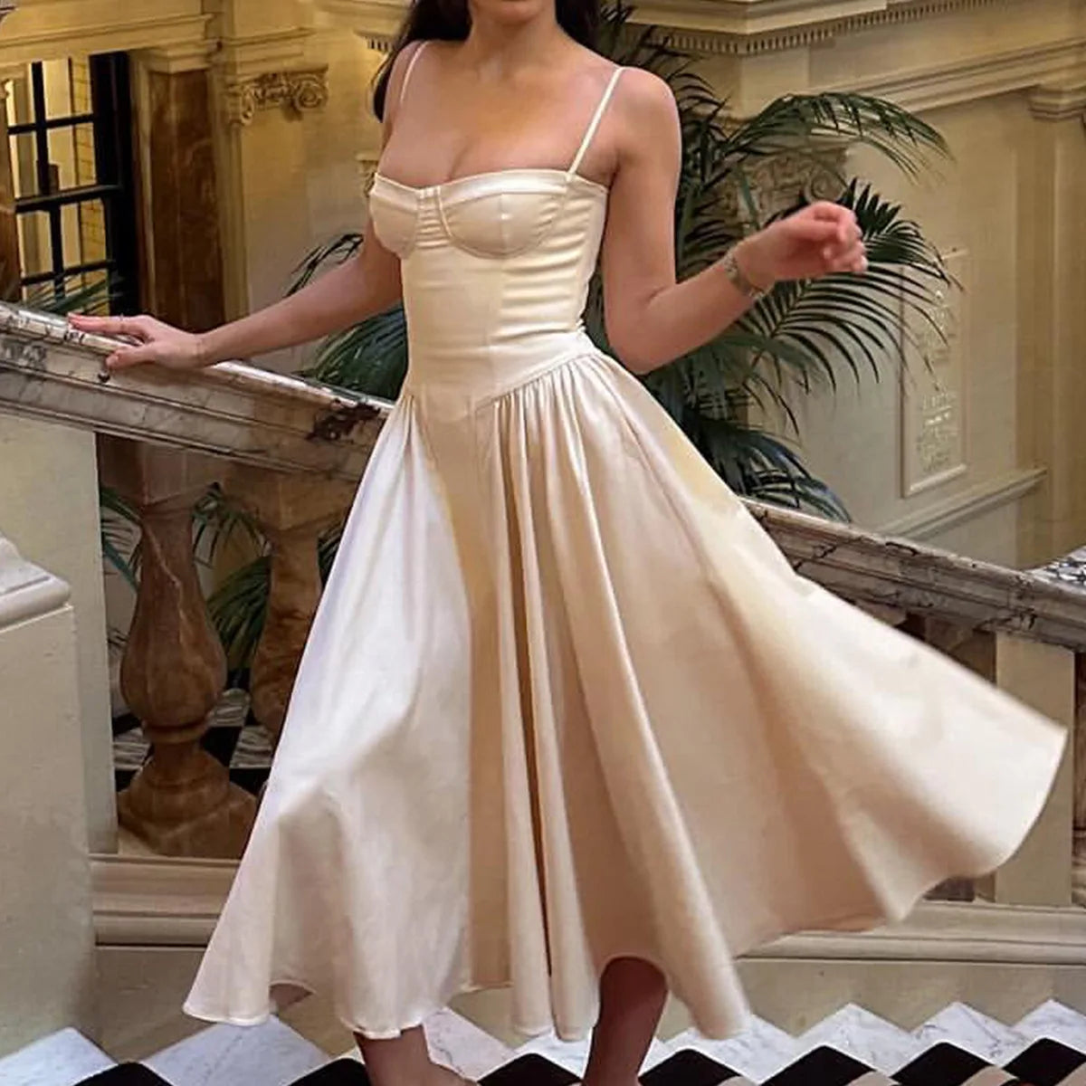 Solid Spaghetti Strap Bustier Pleated Midi Dress