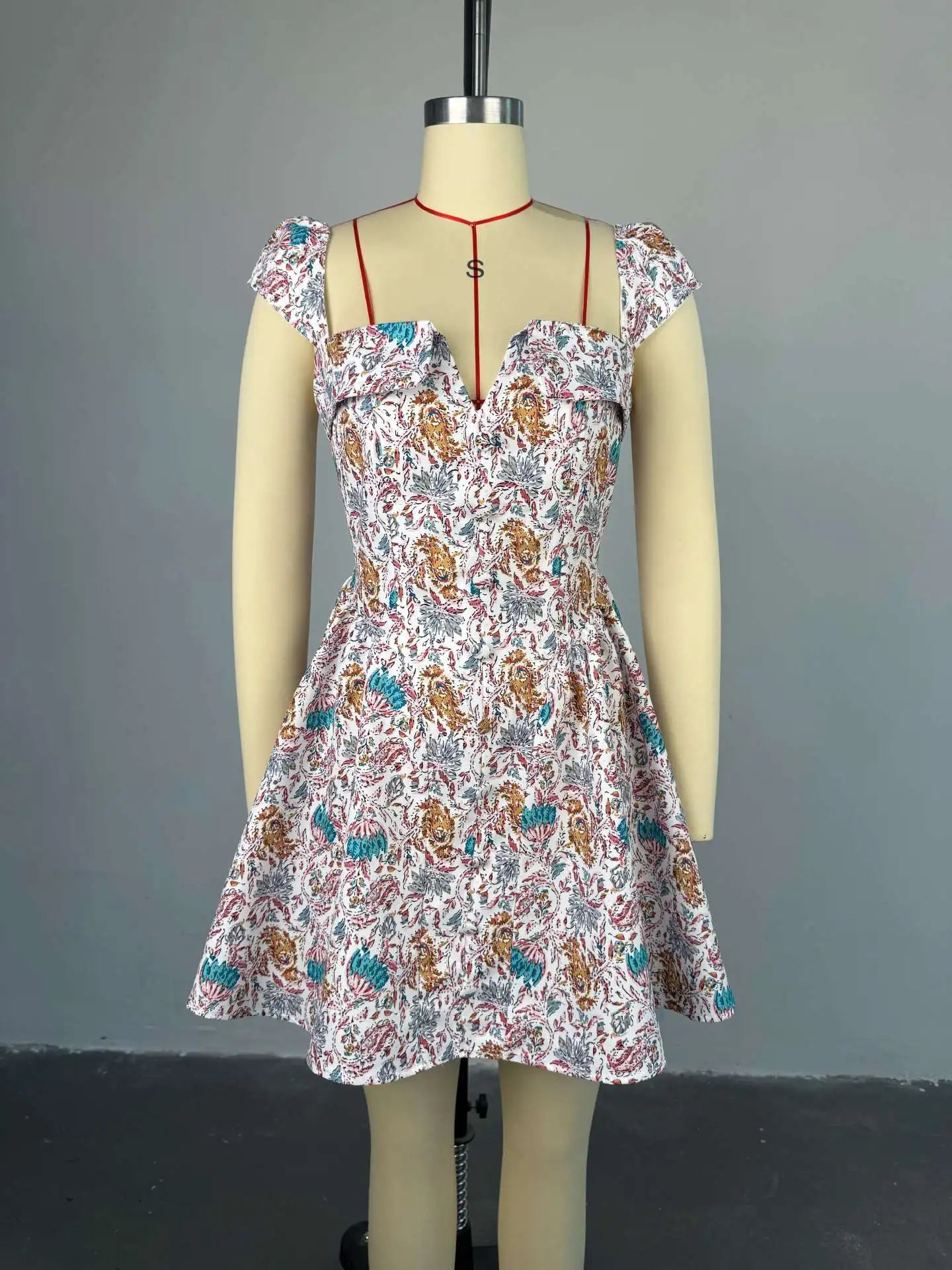 Floral Printed A-Line Low Cut Mini Dress