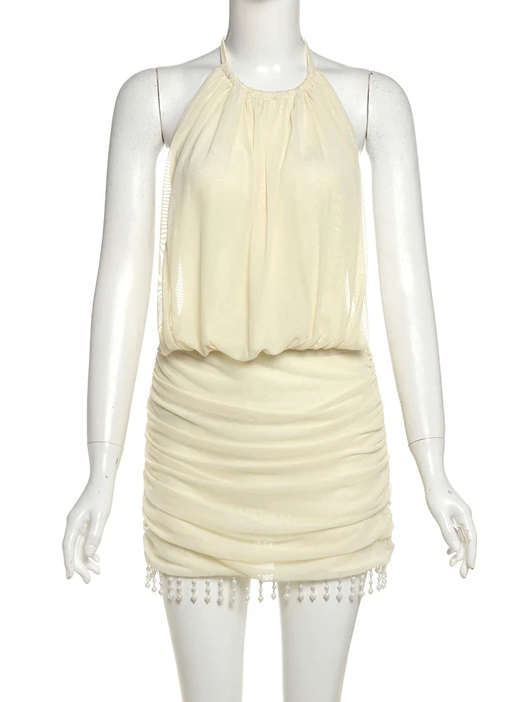 Tassel Halter Pleated Open Back Mini Dress