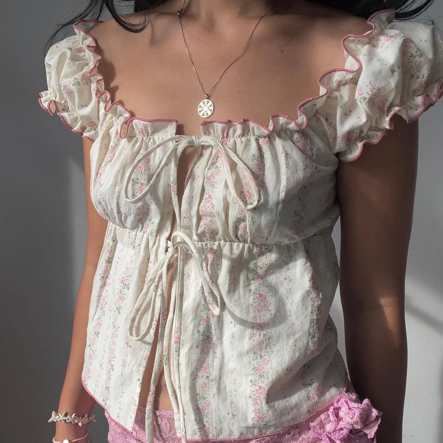 White Puff Sleeve Tie Up Printed Top