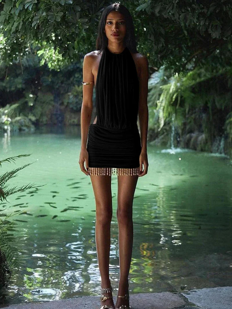 Tassel Halter Pleated Open Back Mini Dress