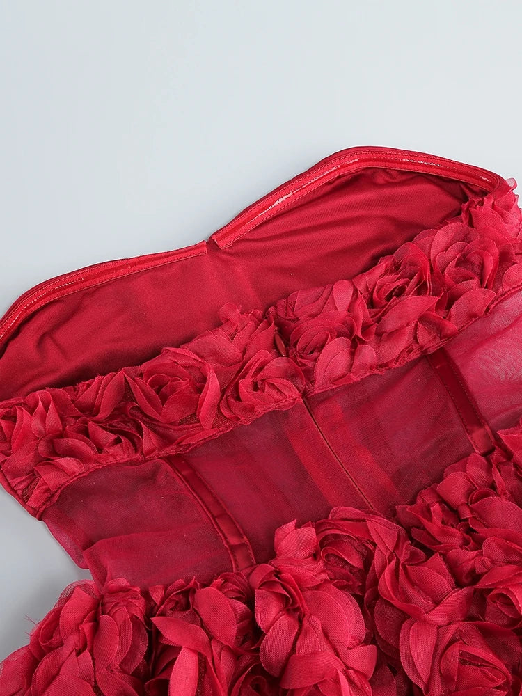 Red Mesh 3d Floral Frill Beaded Strapless Mini Dress