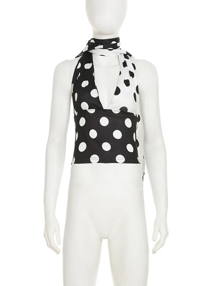 Contrast Polka Dot Cross Scarf Top