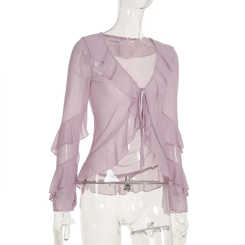 Purple Mesh Ruffled Cardigan Top