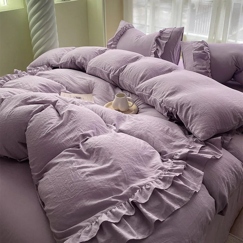 Ins Princess Bedding Set Double Layer Lace Simple Solid Duvet Cover Soft Wash Cotton 4pcs For Girl Spring Home Textiles