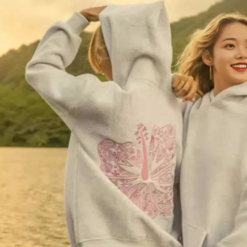 Palm Flower Embroidery Hoodie - Loose Fit Pullover