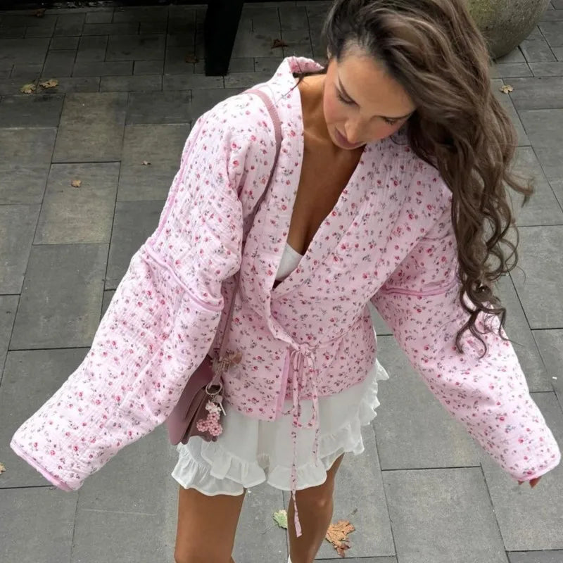 Women's Pink Printed Casual Knit Cardigan - Autumn/Winter Warm