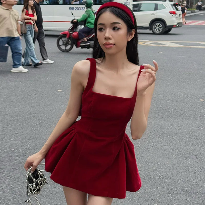 Red Backless V Cut Bow Mink Dress