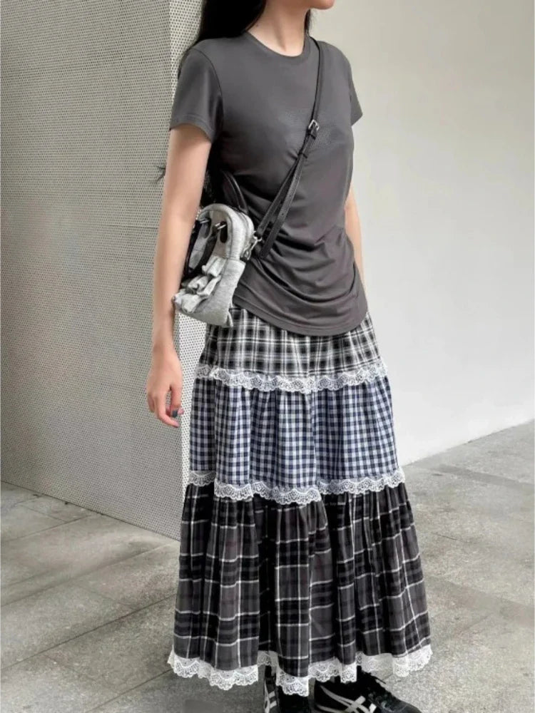Patchwork Lace Plaid High Waist Skirt - Casual A-Line
