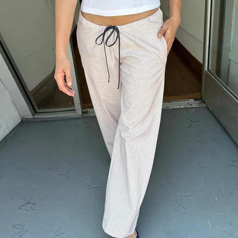 Striped Pattern Loose Drawstring Wide Leg Pants