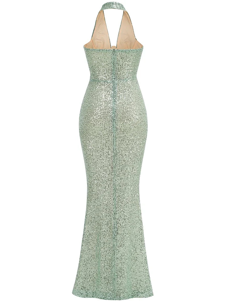 Sequin Halter Deep Neck Maxi Dress