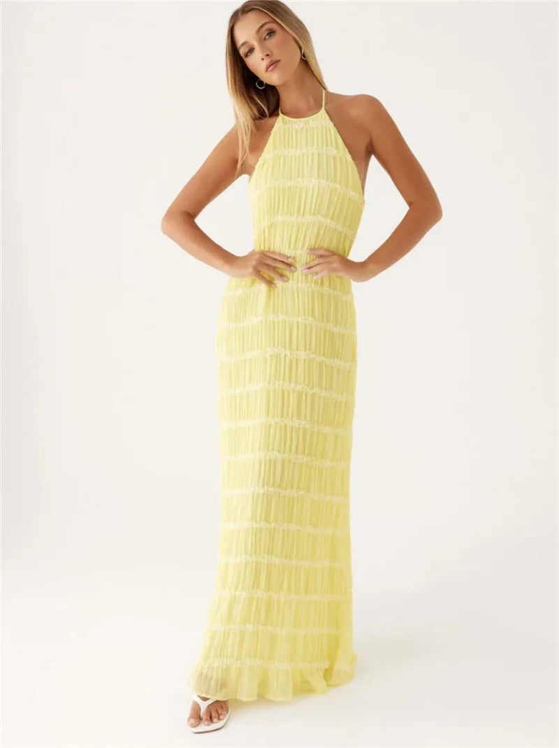Halter Textured Open Back Maxi Dress