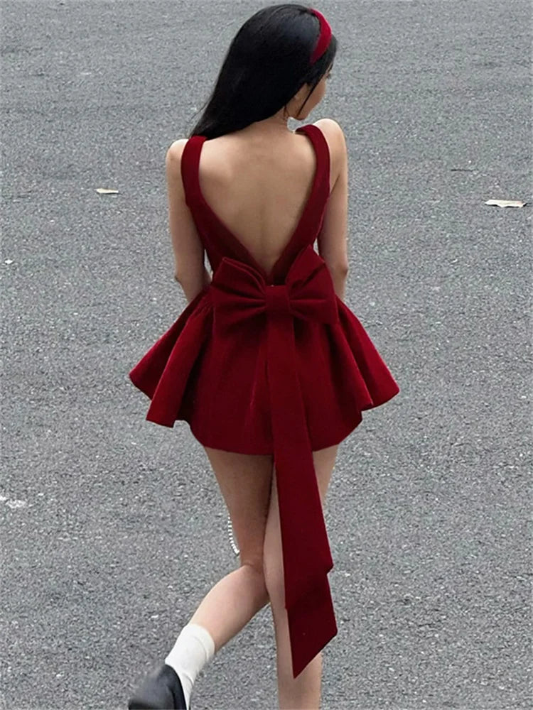 Red Backless V Cut Bow Mink Dress
