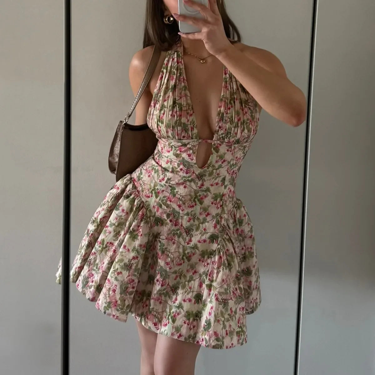 Floral Deep Halter Neck Mini Dress