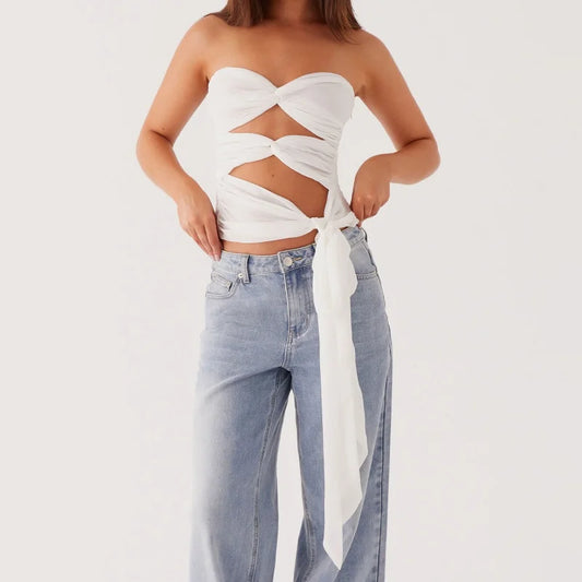 Edgy Strapless Cutout Crop Top - Contemporary Tie-Detail Bandeau