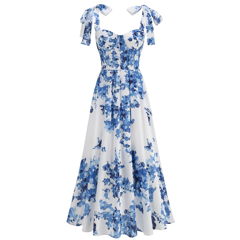 Floral Print Tie Up Buster Flare Mesh Midi Dress